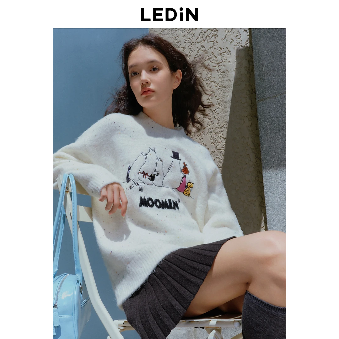 【姆明联名】乐町圆领线套衫女24冬季新款宽松毛衣彩点纱毛衫