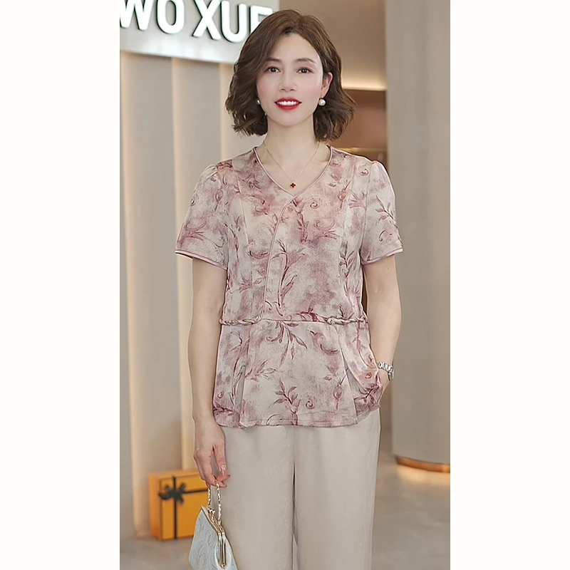中年妈妈夏装短袖T恤国风套装2025新款洋气中老年女装小衫两件套