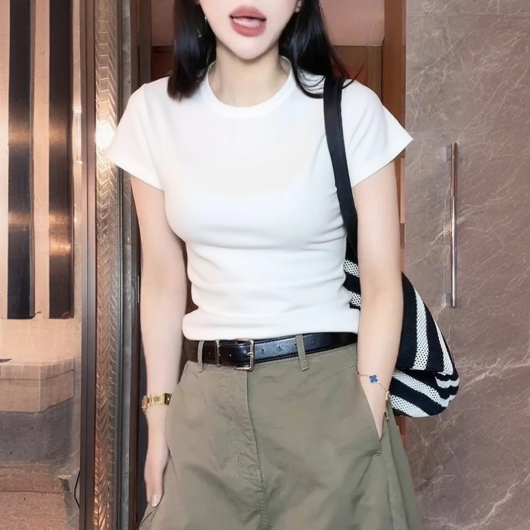 复古白色正肩短袖t恤女夏圆领体恤2025年新款韩系修身显瘦上衣服