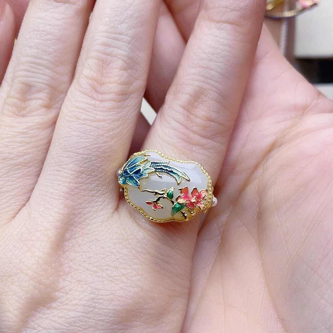 和田玉银S925镀金镶嵌戒指