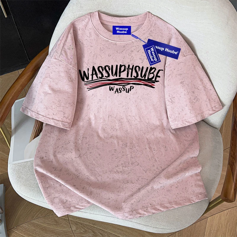 WASSUP HSUBE原创字母印花纯棉短袖T恤夏季复古百搭粉色扎染上衣