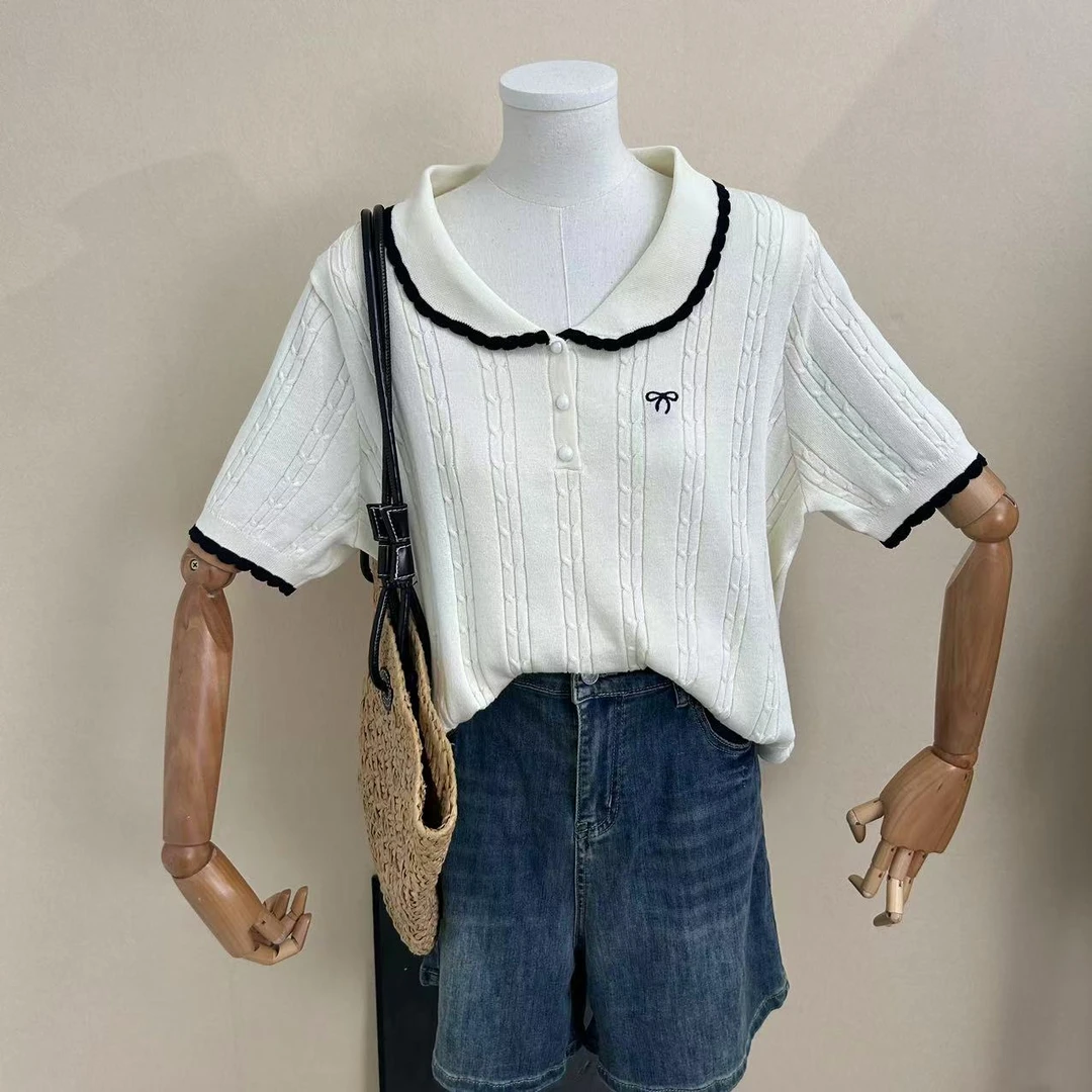 短袖针织衫薄款大码女新款胖mm时尚拼色娃娃领刺绣蝴蝶结半袖上衣