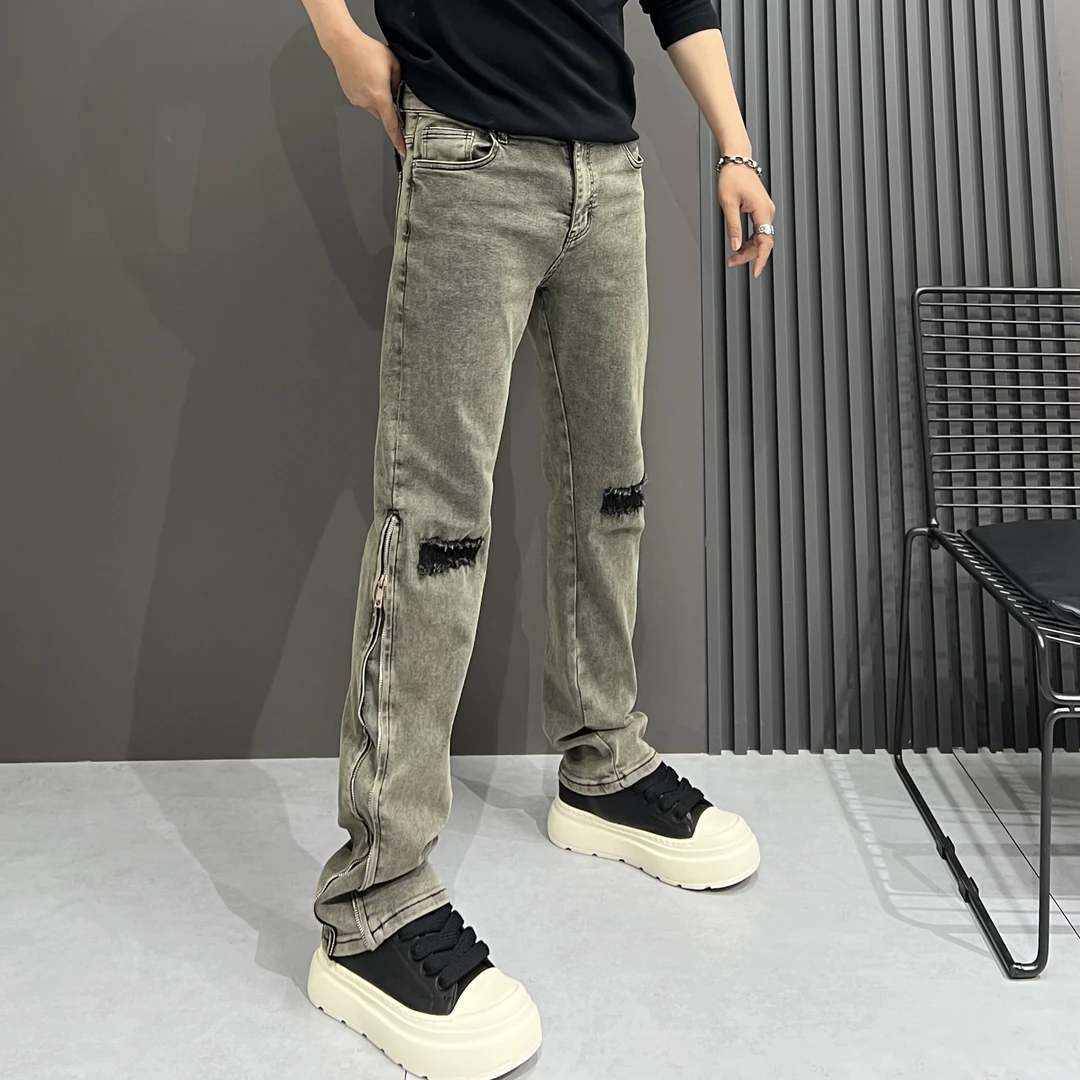 秋冬新款美式高街风侧拉链设计潮流复古色假破洞男士小直筒牛仔裤