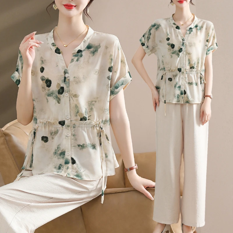 母亲节衣服妈妈装夏装套装新款中老年人女夏季短袖薄款上衣两件套