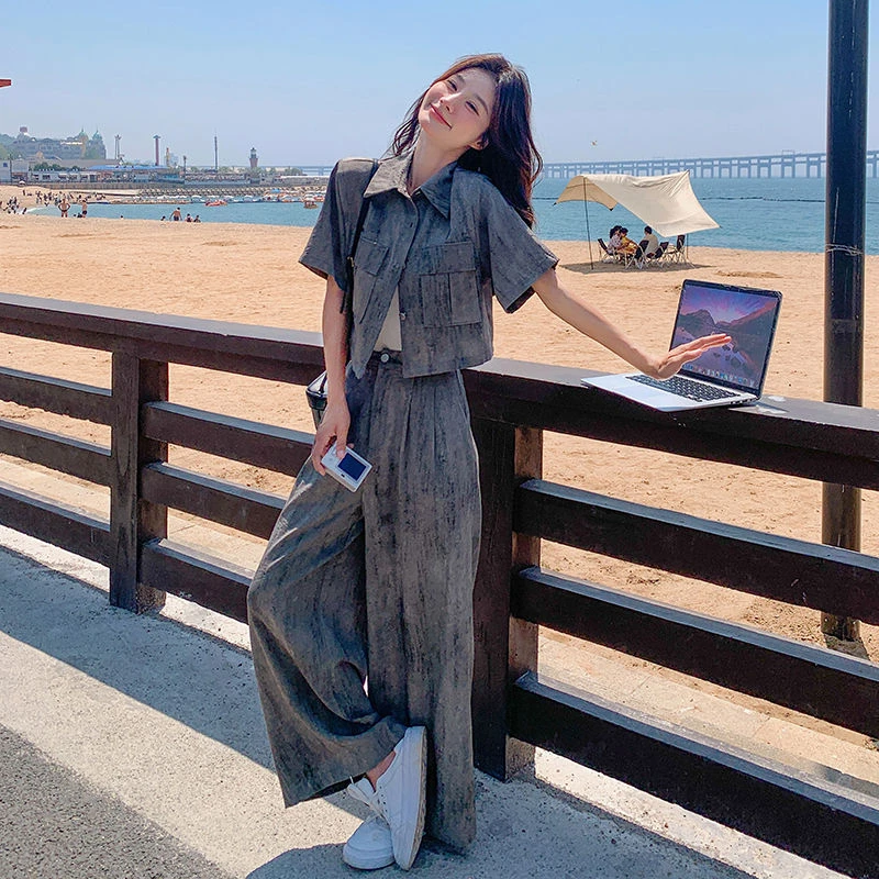 套装夏季高级气质时尚新款阔腿休闲长裤慵懒短袖衬衫阔腿裤两件套