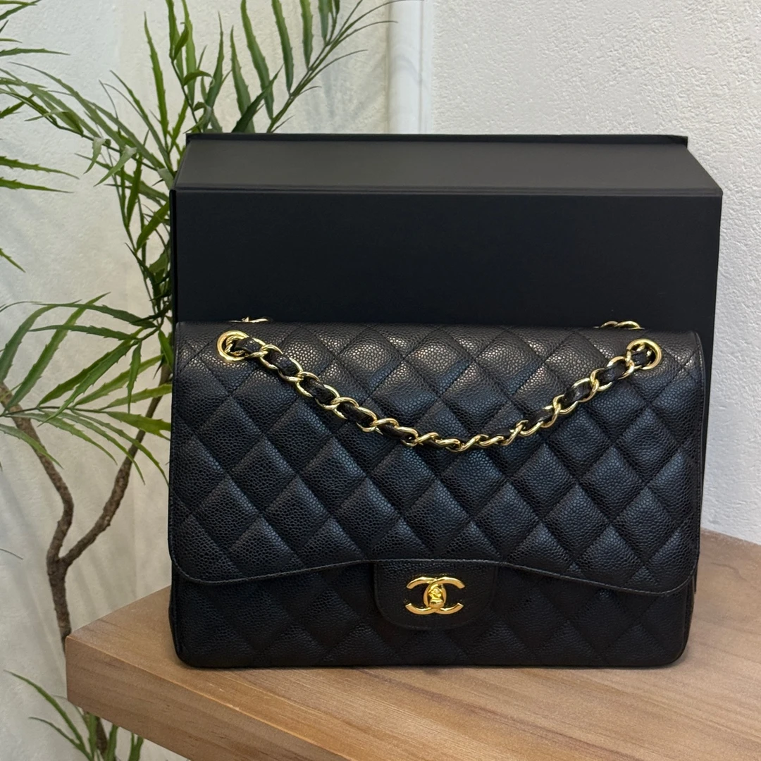 99新 Chanel/香奈儿 cf jumbo 黑金荔枝牛单肩斜挎包（0749）