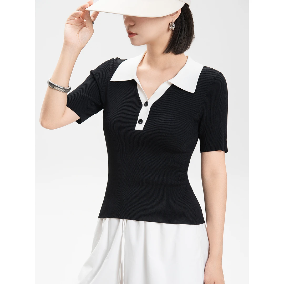 BELIN 简约撞色polo领短袖针织t恤女25夏季新款小众宽松百搭上衣