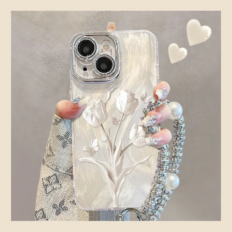 适用于苹果14郁金香精孔羽纱壳女支架手机壳可爱