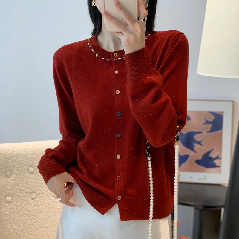 【香嘉怡新品】XJYE026女士上衣100绵羊毛圆领开衫秋冬针织衫