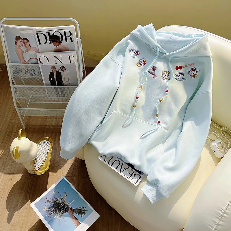 甜美百搭可爱卡通猫咪连帽卫衣女秋冬洋气减龄学院风加厚外套上衣