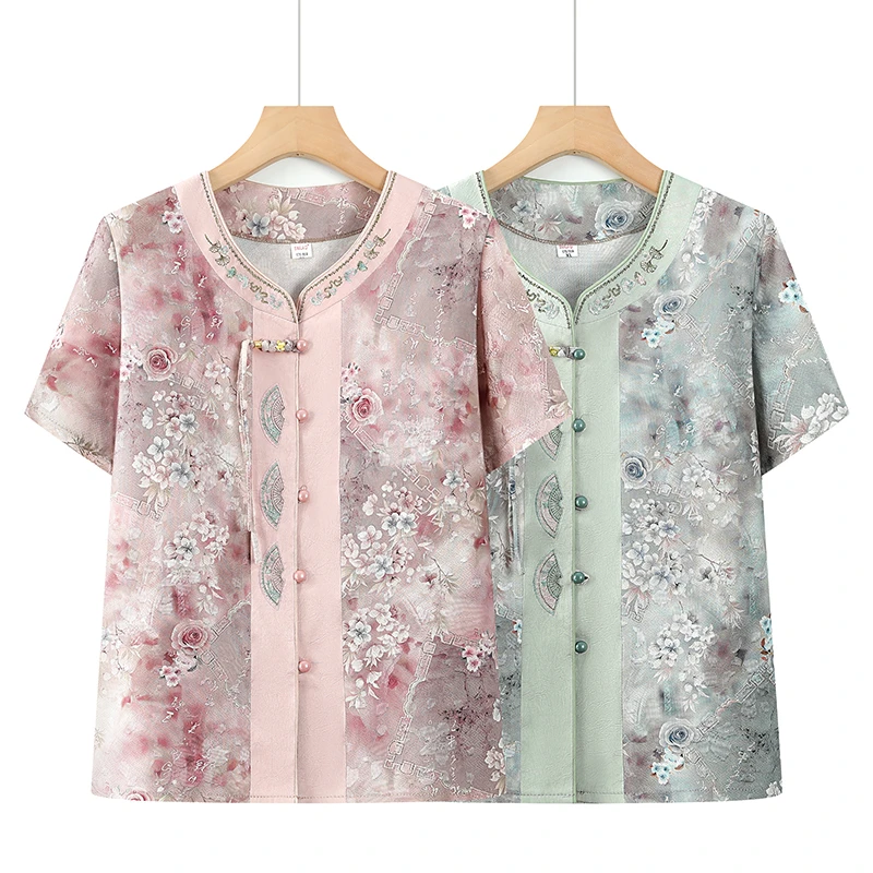 中老年人新中式新国风短袖印花上衣衬衫奶奶装妈妈装舒适夏季衬衣
