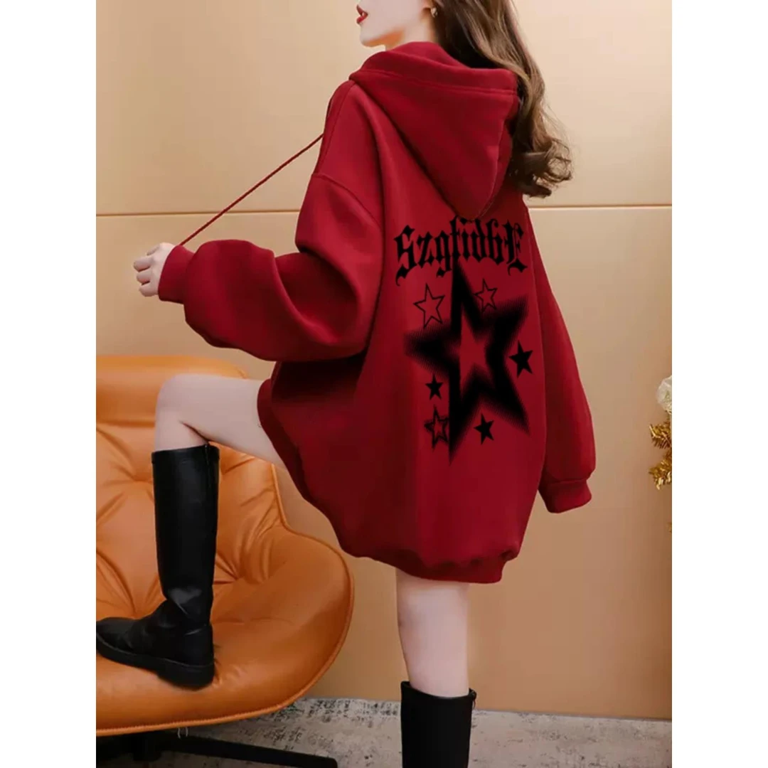 酒红色连帽卫衣秋冬加绒2025新款宽松设计感大码300斤胖mm外套潮