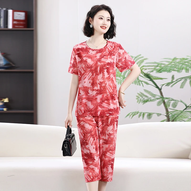 新款冰丝时尚奶奶套装妈妈大码T恤短袖加大中老年妈妈套装