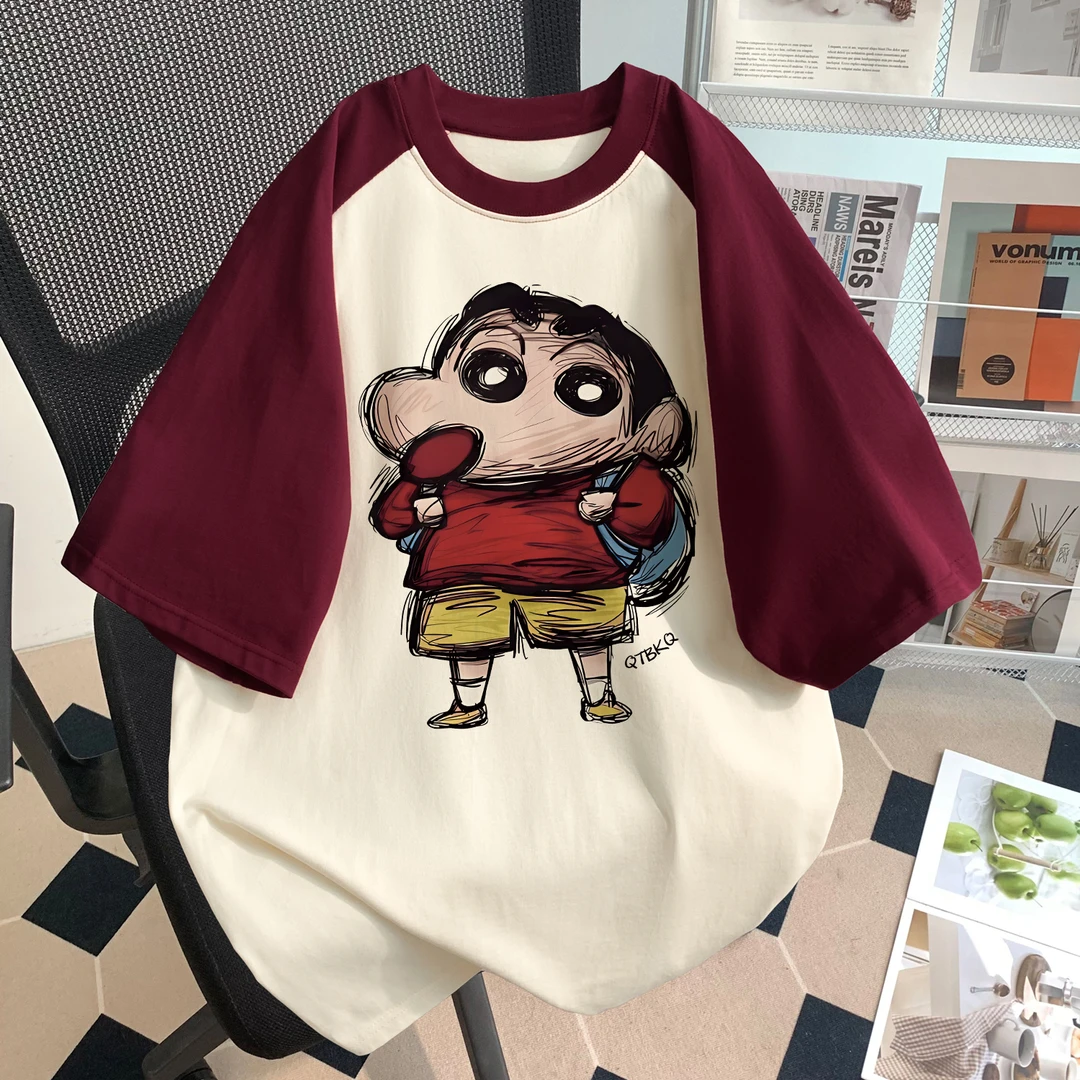 日系蜡笔小新男女童短袖t恤纯棉夏季新款中大童撞色学生圆领上衣