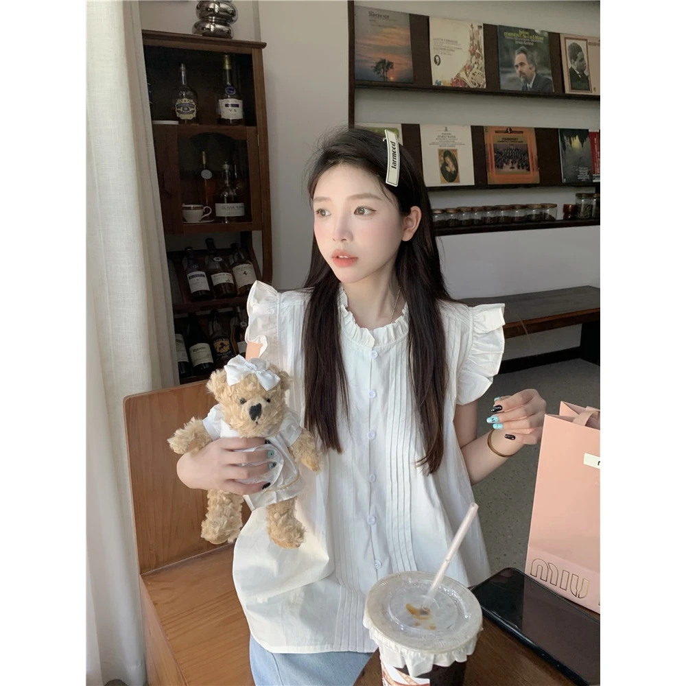 2024大码法式飞飞袖衬衫女夏薄款休闲别致复古格子上衣