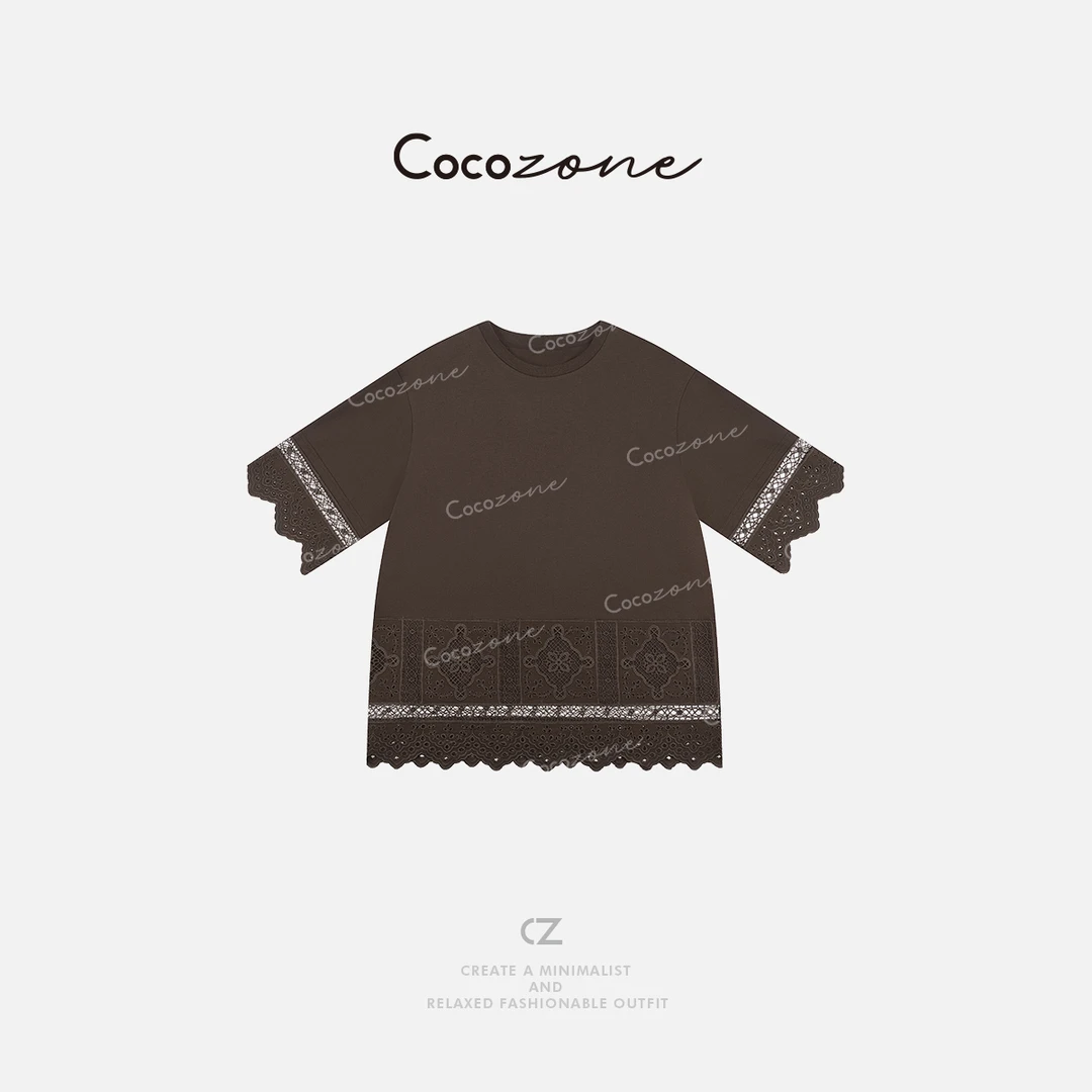 COCO ZONE 刘一一【100棉】蕾丝下摆花边舒适圆领T恤CD1A0727