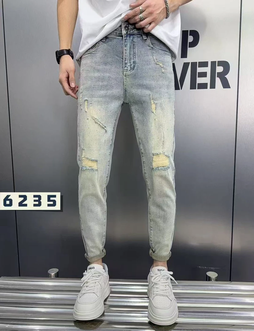 高端牛仔裤修身弹力男士潮牌休闲新款百搭男裤子