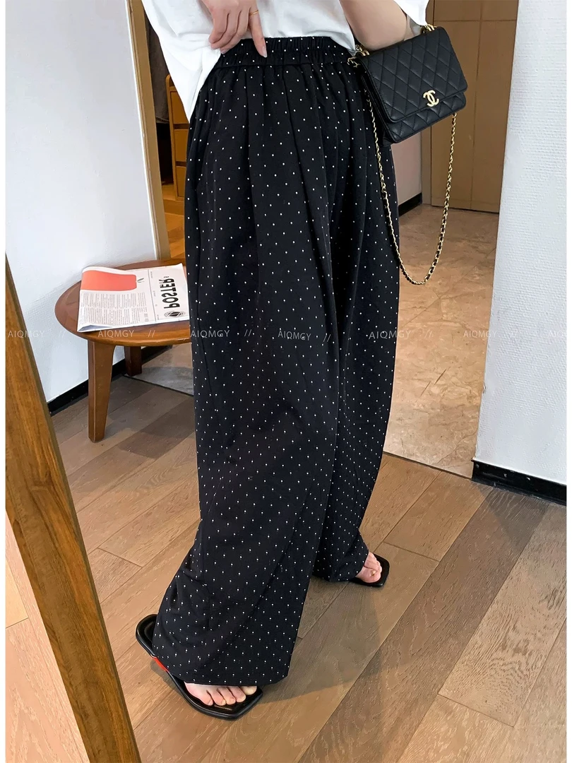 夏季新款宽松显瘦复古波点直筒休闲长裤6621