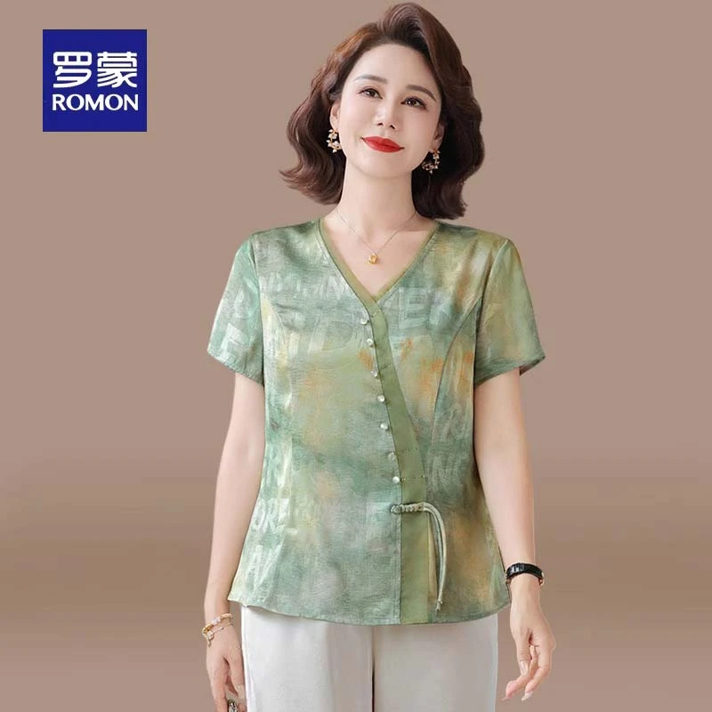 罗蒙妈妈端庄大气套装新中式国风短袖小衫中老年人女装夏装上衣服