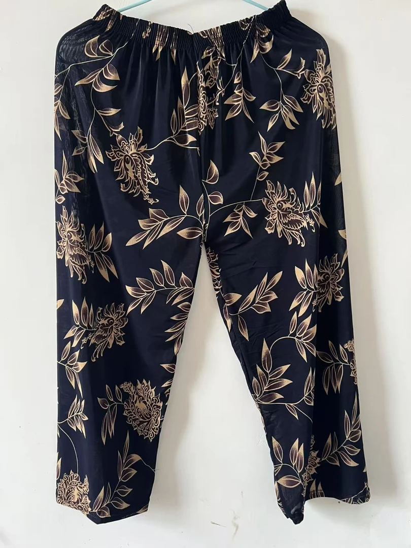 拍一发二中老年夏季薄款宽松高腰冰丝九分花裤子舒适防蚊外穿