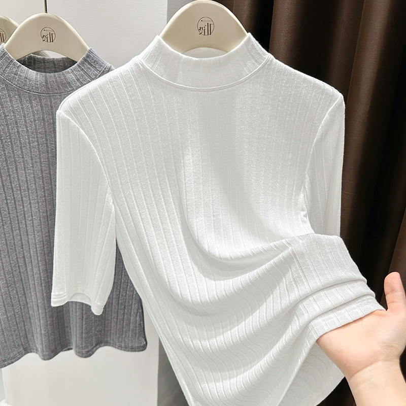 纯色修身半高领气质百搭坑条针织中袖设计感T恤2025品质女装上衣