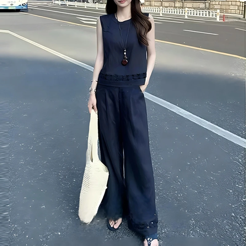 高级感爆款气质两件套女2025夏季新款纯色无袖圆领上衣休闲裤套装