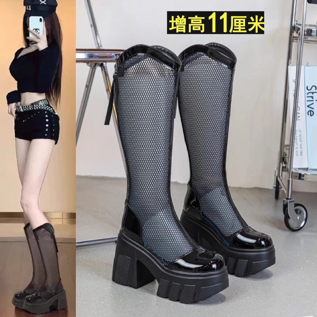 10cm增高网面马丁靴女2025新款夏季薄款透气厚底显瘦长筒骑士靴凉