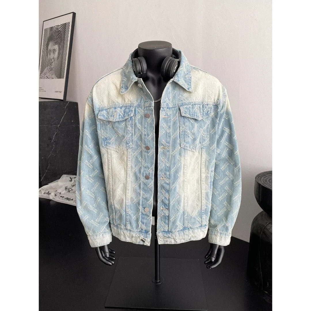 水洗提花牛仔夹克男春秋季美式潮牌翻领工装外套高街休闲痞帅上衣