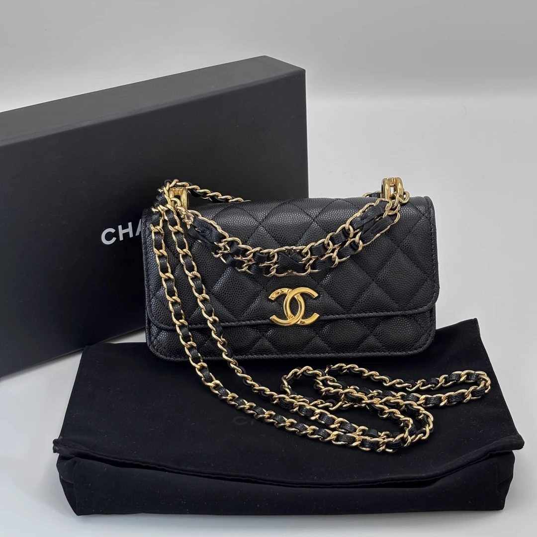 95新 Chanel/香奈儿 黑金22K荔枝牛迷你woc单肩斜挎包 71955