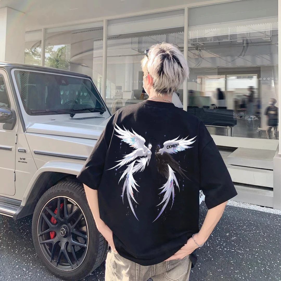 100%重磅纯棉短袖T恤男女同款国风蝴蝶流行印花宽松夏半袖男装ZK8
