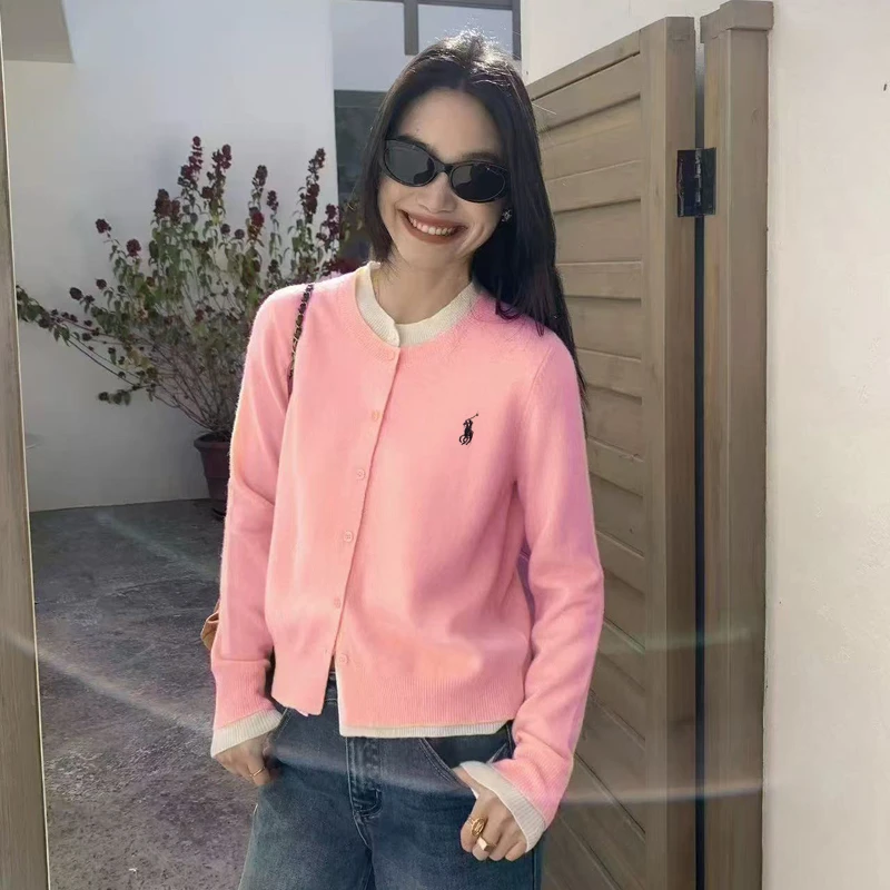 春季新款撞色假两件纯羊毛外穿韩系针织开衫气质设计感上衣