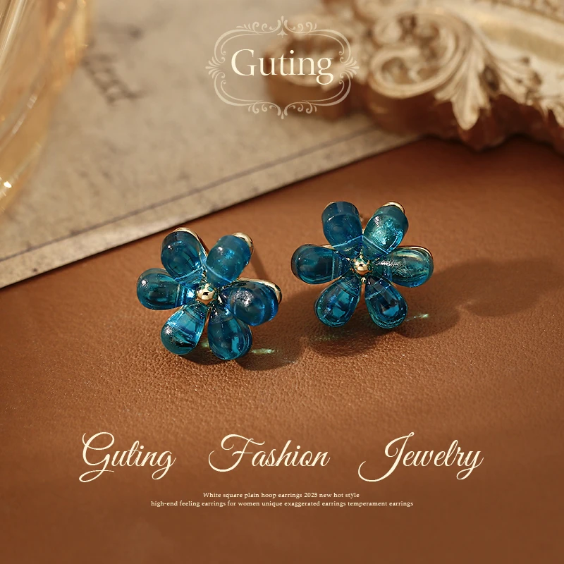 铜合金耳饰 22029蓝色透明花朵耳钉女漂亮耳环小众设计感精致耳饰