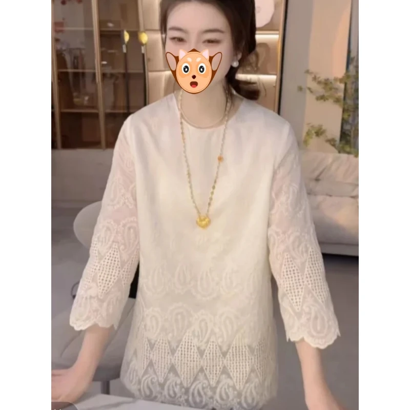 韩版设计感钩花蕾丝袖衬衫女2025春夏新款宽松显瘦气质潮流上衣潮