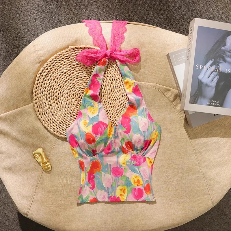 多巴胺海边穿搭挂脖吊带背心女外穿美背文胸一体性感纯欲甜辣上衣