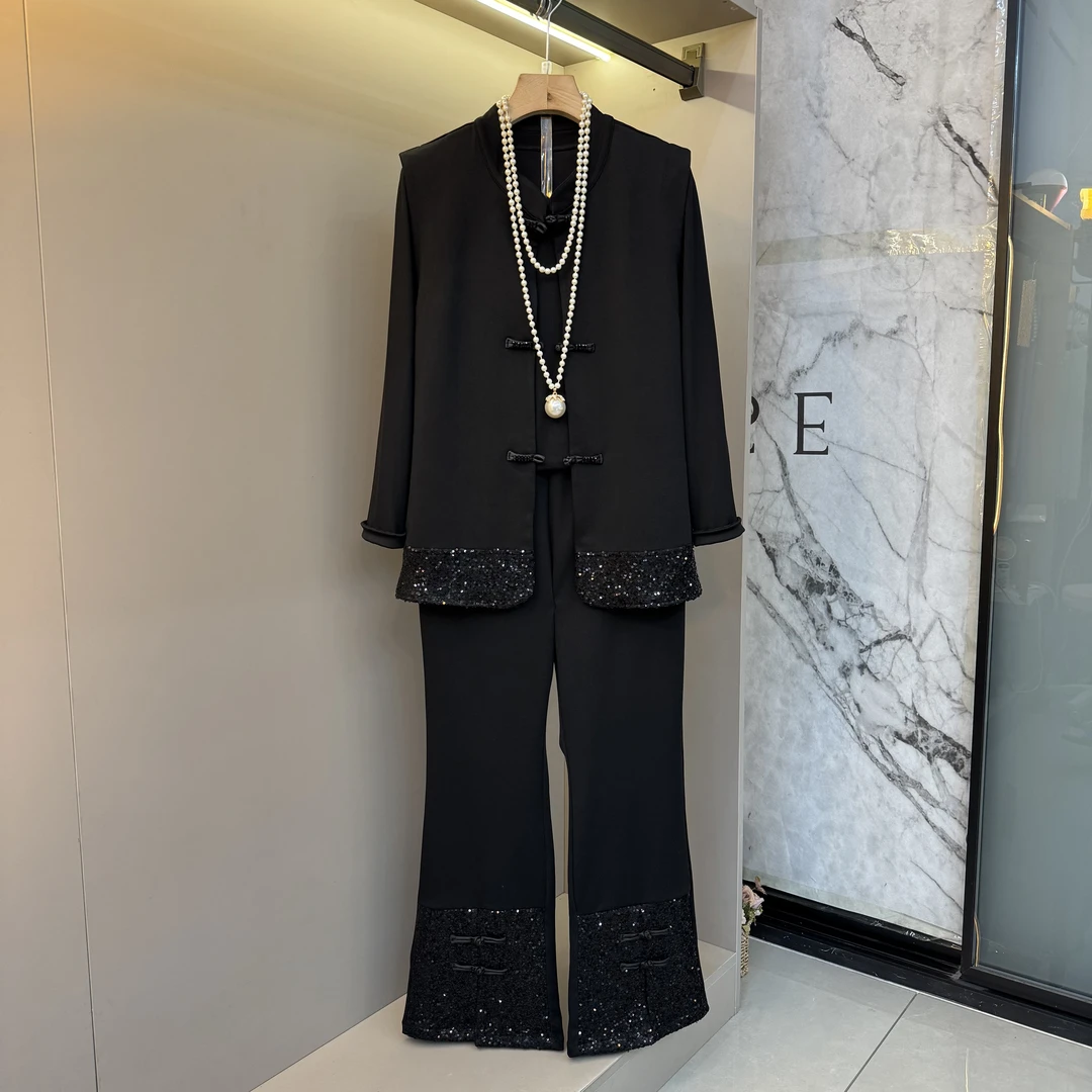 2025秋新款新中式亮钻盘扣内搭+马甲+裤子高级减龄显瘦三件套558