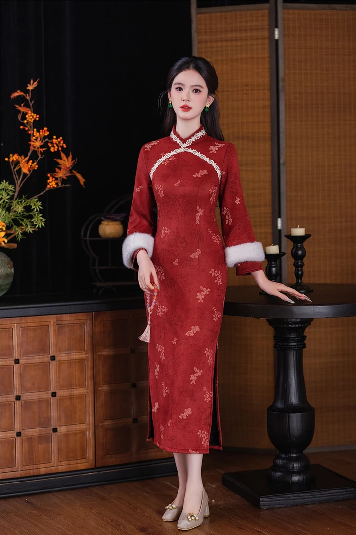 红色印花秋冬长袖加绒旗袍改良中式年轻款少女气质中国风网红爆款