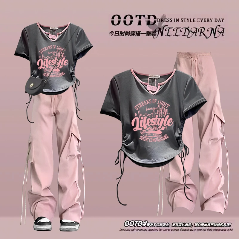 夏装中大童少女套装小学初高中学生洋气上衣高腰工装阔腿裤两件套