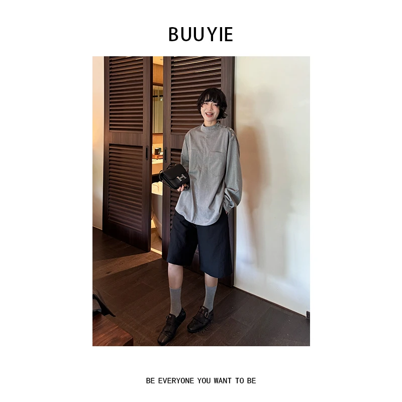 BUUYIE 25SS【序言】气质时尚极简风亚麻灰色套头长袖衬衣 250224