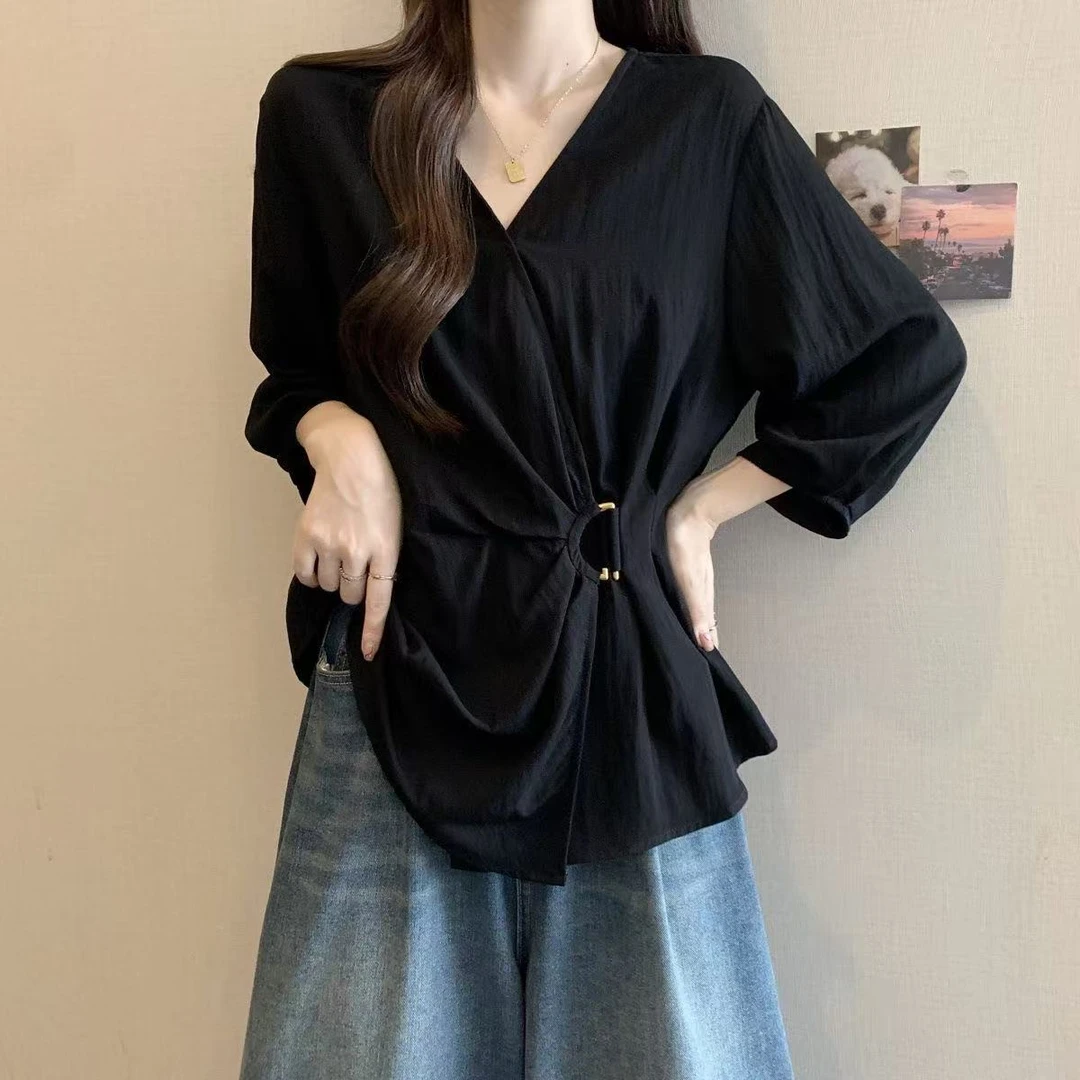 设计感小众V领长袖衬衫女秋季大码胖mm遮肚收腰气质黑色打底上衣