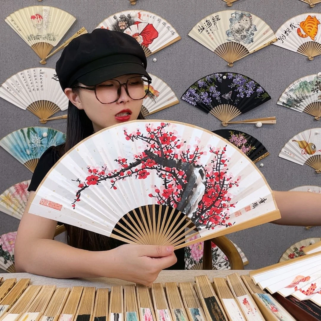 国画8寸玉竹-纯手绘-文玩扇骨（默认粘好）