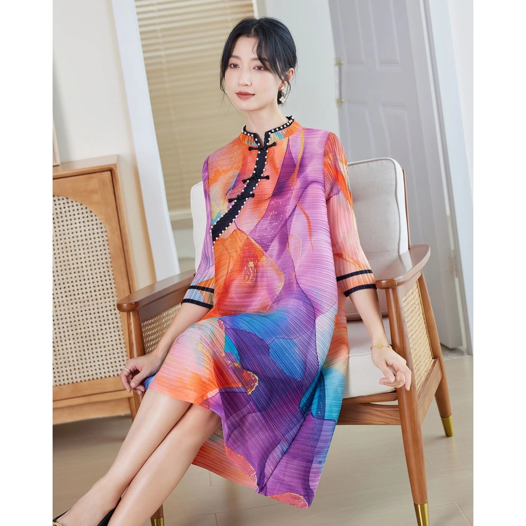 A14茉莉家高端三宅新中式压褶纹宽松遮肉大码妈妈女装褶皱连衣裙