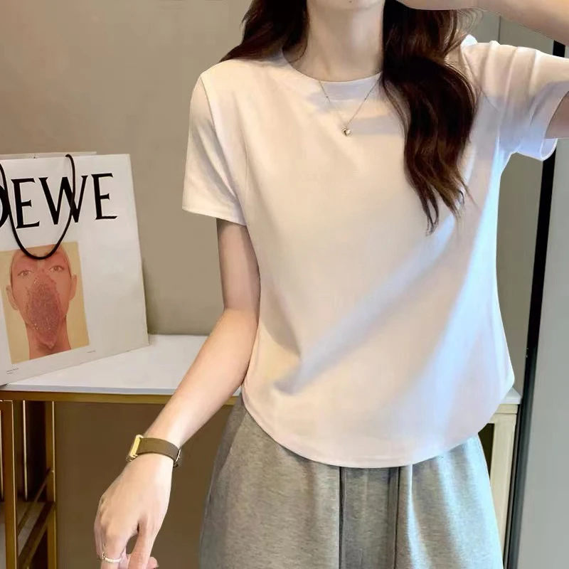 夏季2025年新款大码200斤设计感弧形短袖t恤女修身显瘦打底衫上衣