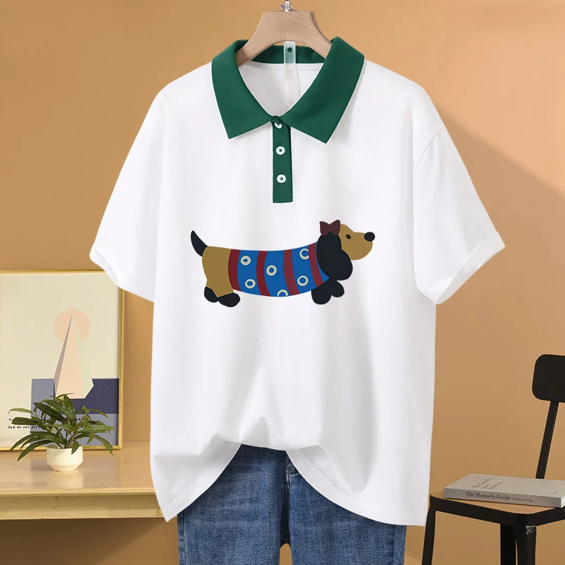 美式复古宽松oversize大码纯棉POLO领短袖t恤女显瘦百搭休闲上衣