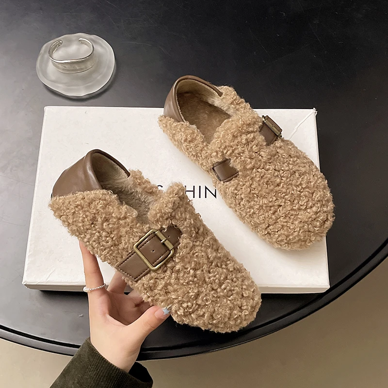 【若汐 Shoes】羊羔毛毛鞋女冬外穿新款韩版平底一脚蹬豆豆鞋女棉鞋