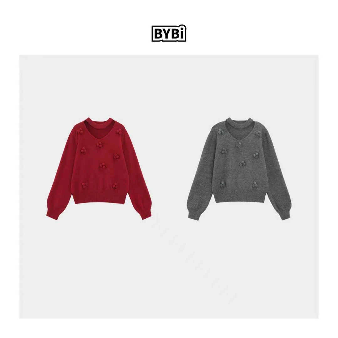 Barbie Siyu【车厘子】Z806冬季时尚挂脖立体樱桃纯色气质长袖毛衣