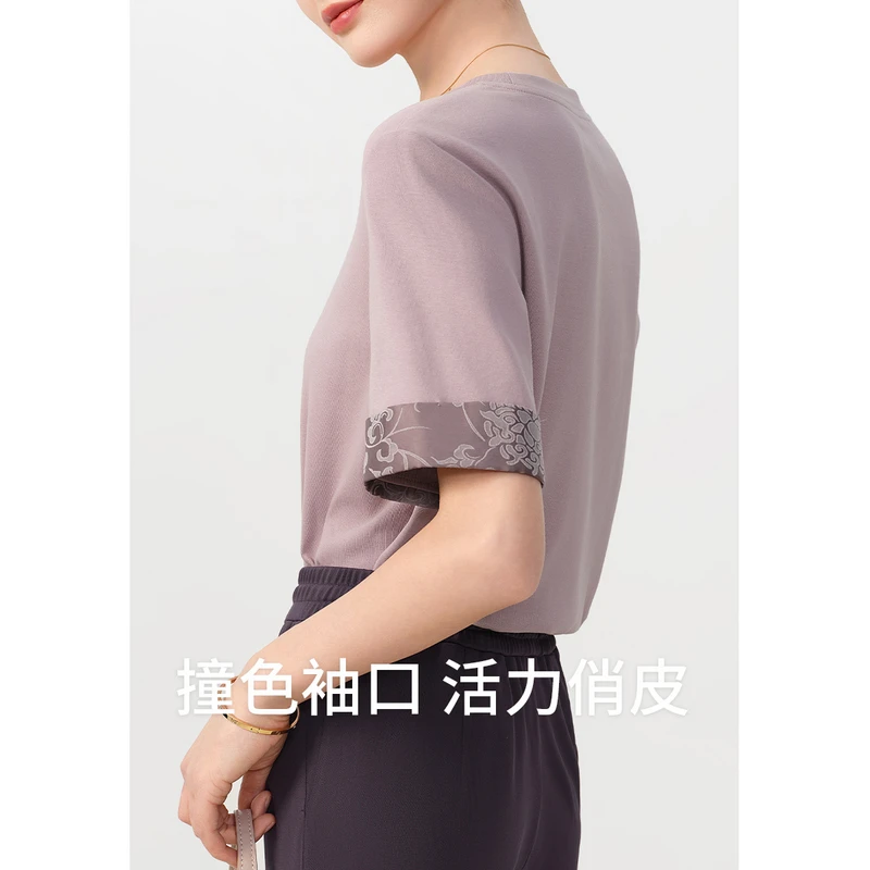 dunnu敦奴2025年夏新款圆领袖口国风印花拼接百搭短袖休闲T恤女