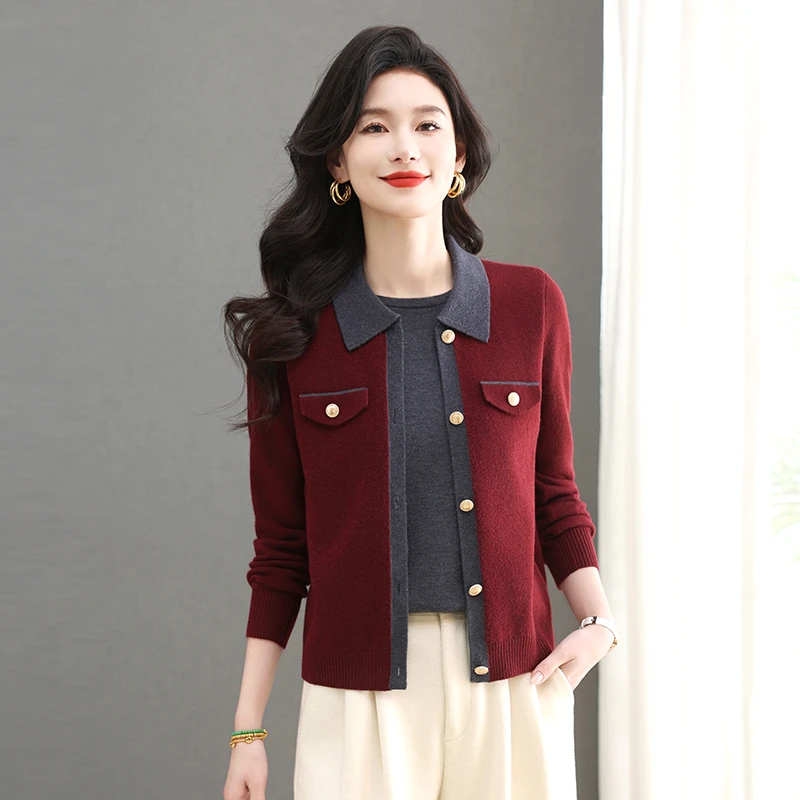 酒红色假两件针织衫开衫女秋装2025新款女装上衣翻领毛衣外套