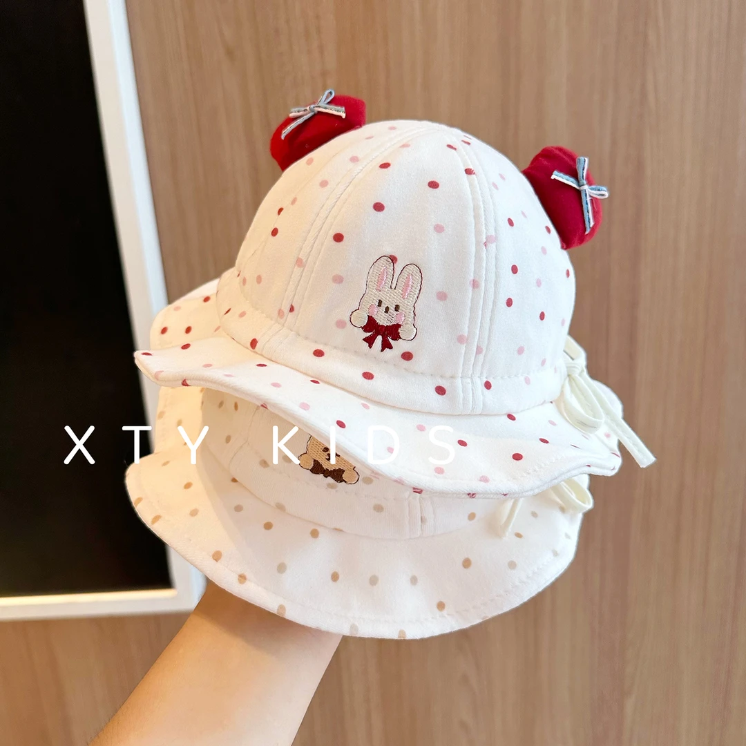 韩版可爱宝宝渔夫帽女波点小兔小月龄儿童户外秋冬季婴儿太阳帽男