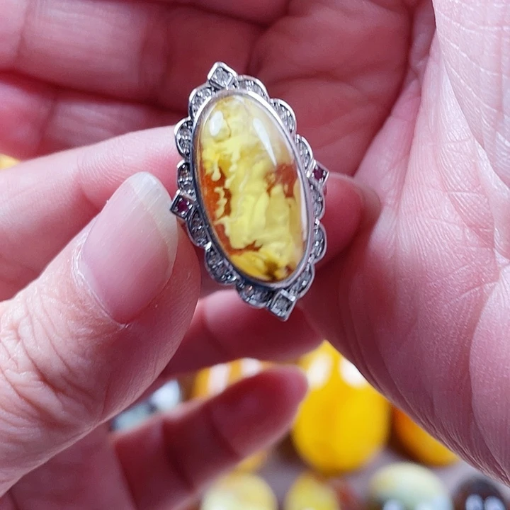 琥珀银S925镶嵌裸石戒指