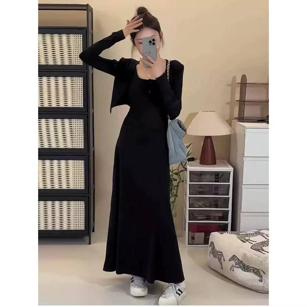 气质简约修身U领连衣裙女2025春季新款收腰显瘦气质长裙+披肩外套